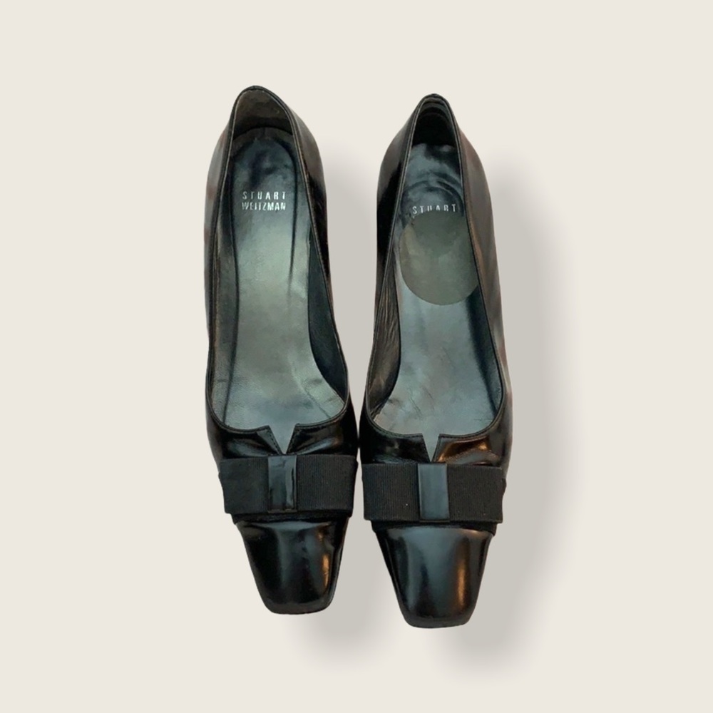 Stuart Weitzman Black Leather Square Toe Heels 9.5